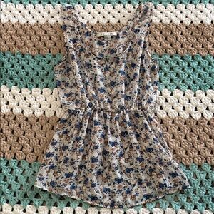 Beige Blue Sheer Floral Sleeveless Synched Waist Blouse Top Short Womans Small